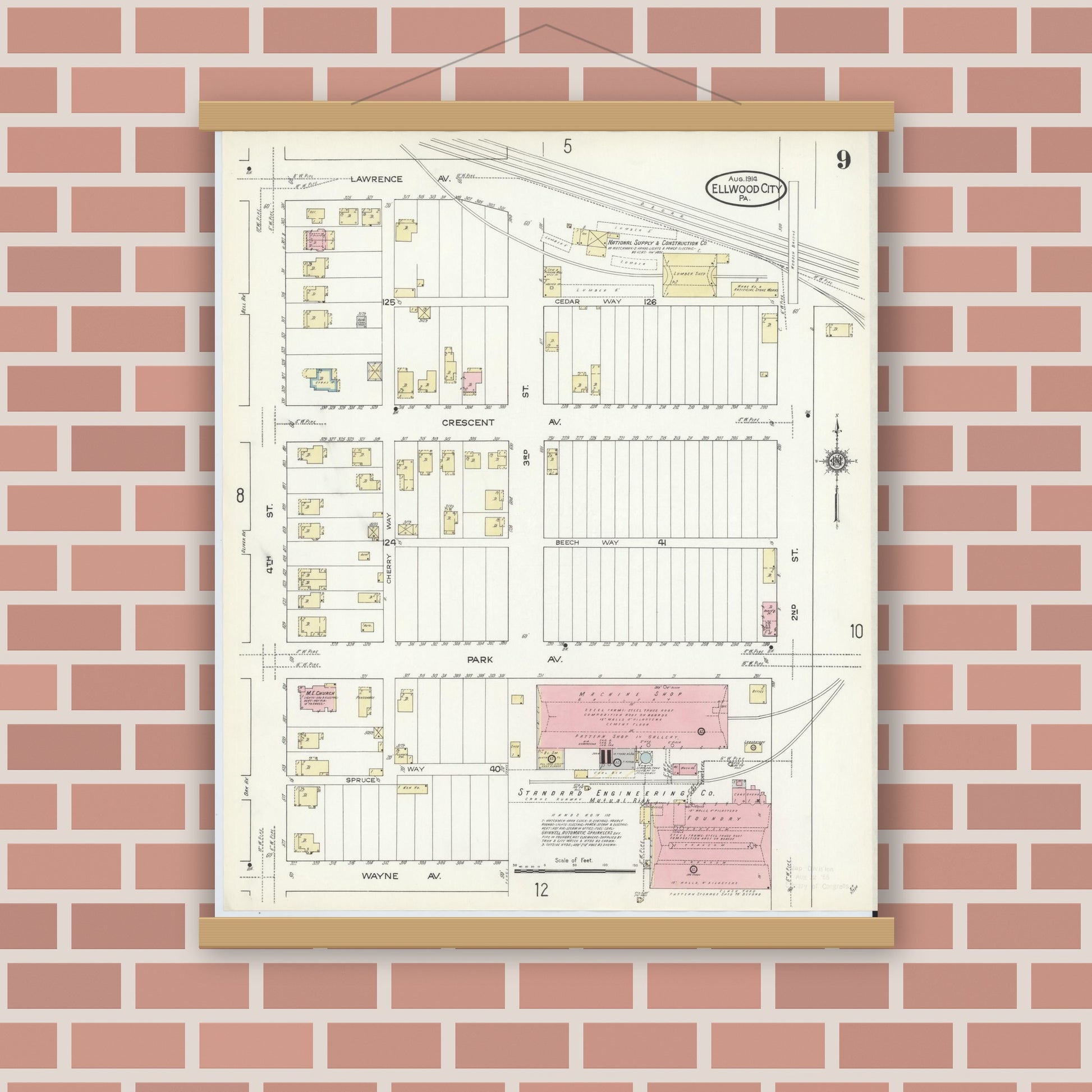 Old map wall art mockup — magnetic wood frame on brick wall — Sanborn Fire Insurance Map from Ellwood City, Lawrence County, Pennsylvania (1914), Sheet #0009