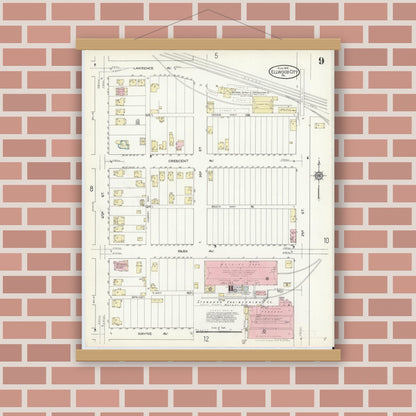 Old map wall art mockup — magnetic wood frame on brick wall — Sanborn Fire Insurance Map from Ellwood City, Lawrence County, Pennsylvania (1914), Sheet #0009