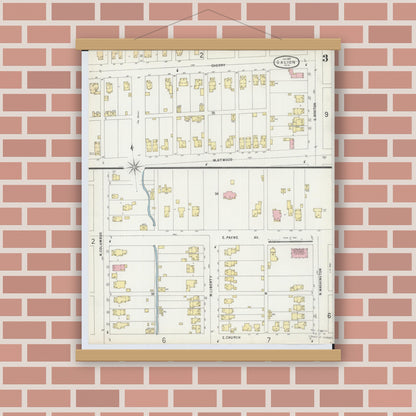 Old map wall art mockup — magnetic wood frame on brick wall — Sanborn Fire Insurance Map from Galion, Crawford County, Ohio (1897), Sheet #0003