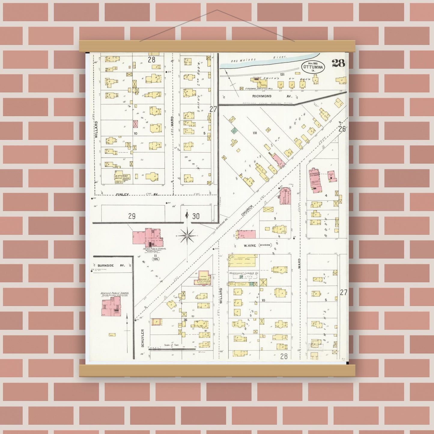 Old map wall art mockup — magnetic wood frame on brick wall — Sanborn Fire Insurance Map from Ottumwa, Wapello County, Iowa (1902), Sheet #0028