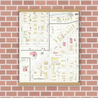 Old map wall art mockup — magnetic wood frame on brick wall — Sanborn Fire Insurance Map from Ottumwa, Wapello County, Iowa (1902), Sheet #0028