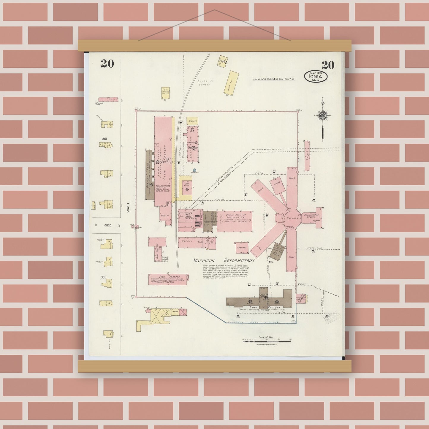 Old map wall art mockup — magnetic wood frame on brick wall — Sanborn Fire Insurance Map from Ionia, Ionia County, Michigan (1924), Sheet #0020
