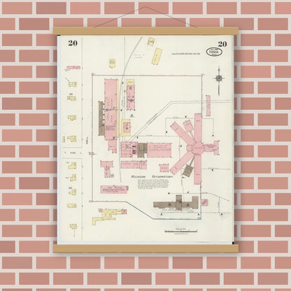 Old map wall art mockup — magnetic wood frame on brick wall — Sanborn Fire Insurance Map from Ionia, Ionia County, Michigan (1924), Sheet #0020