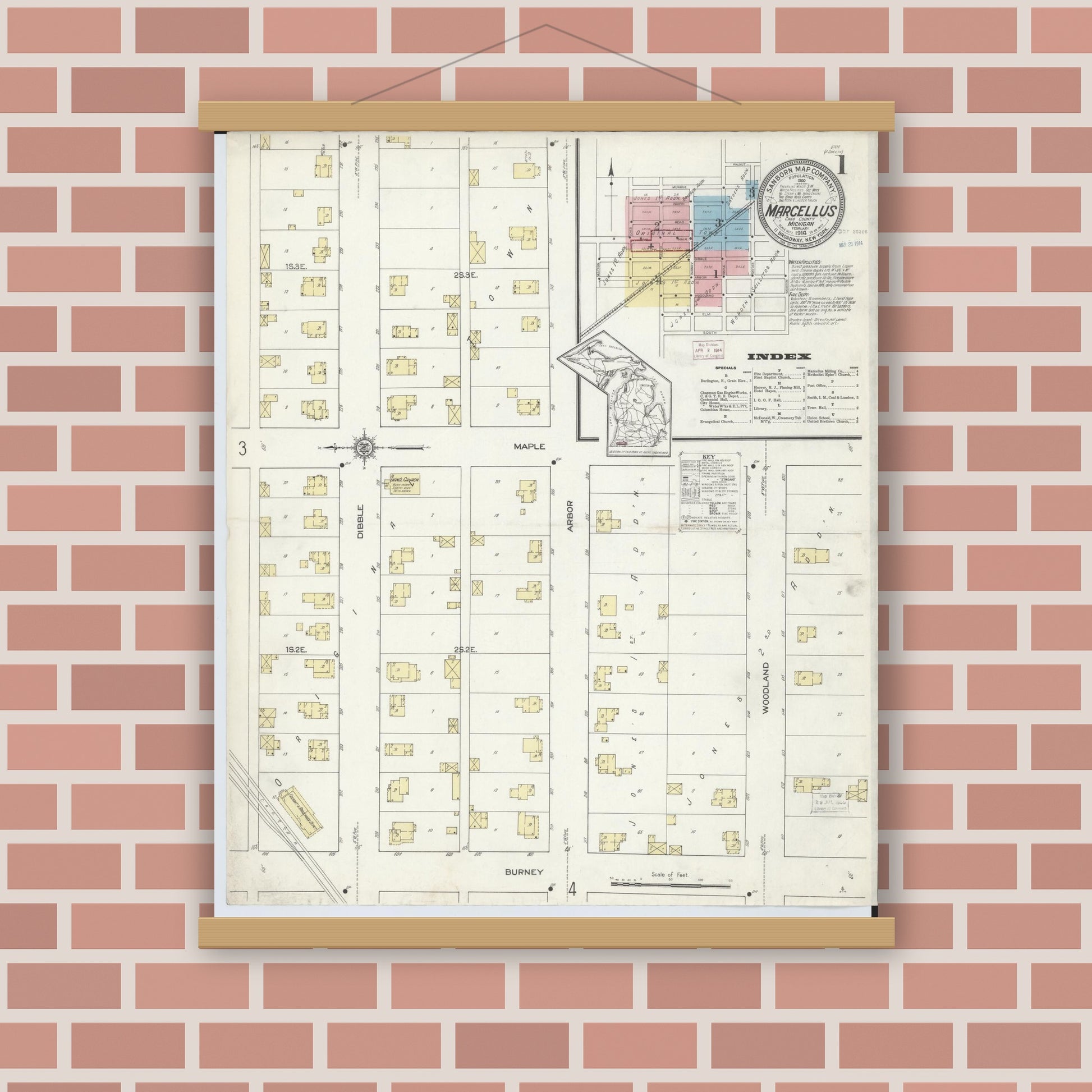 Old map wall art mockup — magnetic wood frame on brick wall — Sanborn Fire Insurance Map from Marcellus, Cass County, Michigan (1914) - Complete Map Set