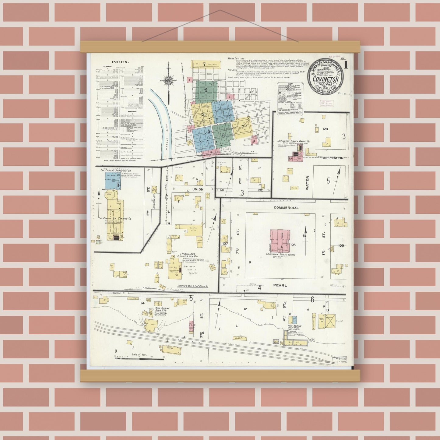 Old map wall art mockup — magnetic wood frame on brick wall — Sanborn Fire Insurance Map from Covington, Fountain County, Indiana (1910), Sheet #0001