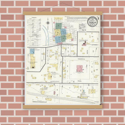 Old map wall art mockup — magnetic wood frame on brick wall — Sanborn Fire Insurance Map from Covington, Fountain County, Indiana (1910), Sheet #0001