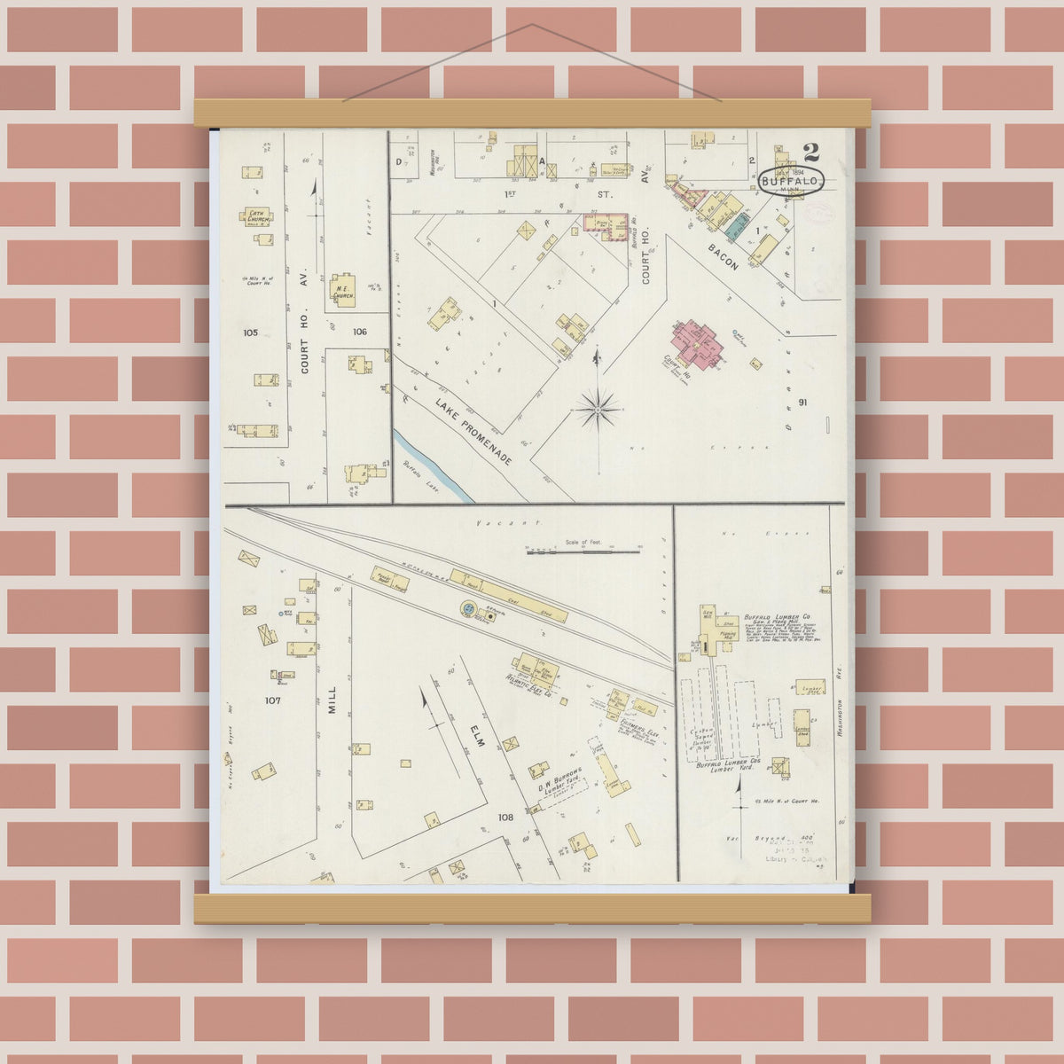 Old map wall art mockup — magnetic wood frame on brick wall — Sanborn Fire Insurance Map from Buffalo, Wright County, Minnesota (1894), Sheet #0002