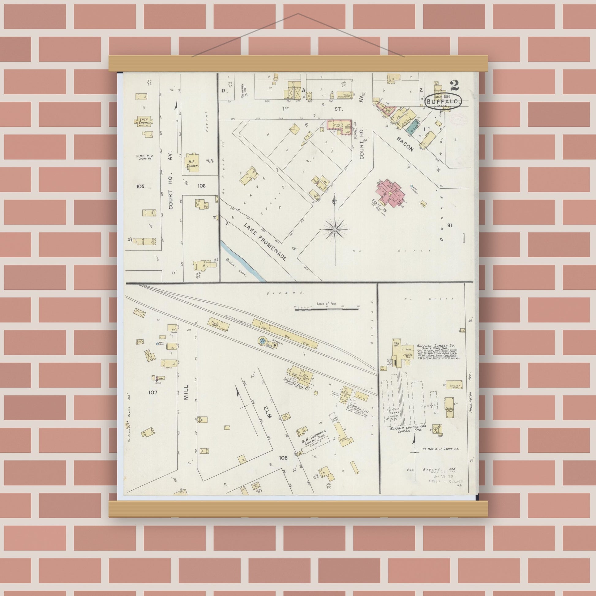 Old map wall art mockup — magnetic wood frame on brick wall — Sanborn Fire Insurance Map from Buffalo, Wright County, Minnesota (1894), Sheet #0002