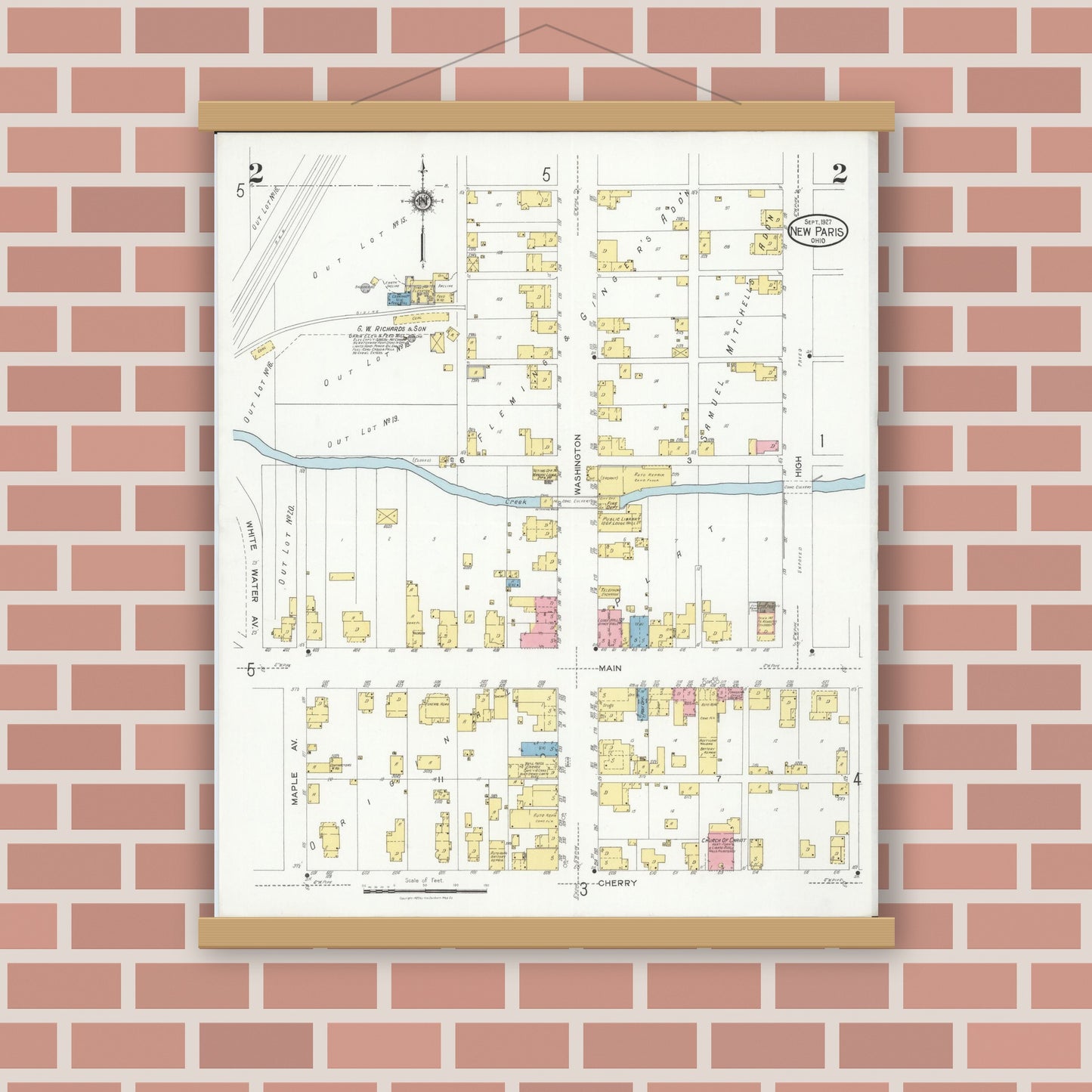 Old map wall art mockup — magnetic wood frame on brick wall — Sanborn Fire Insurance Map from New Paris, Preble County, Ohio (1927), Sheet #0002