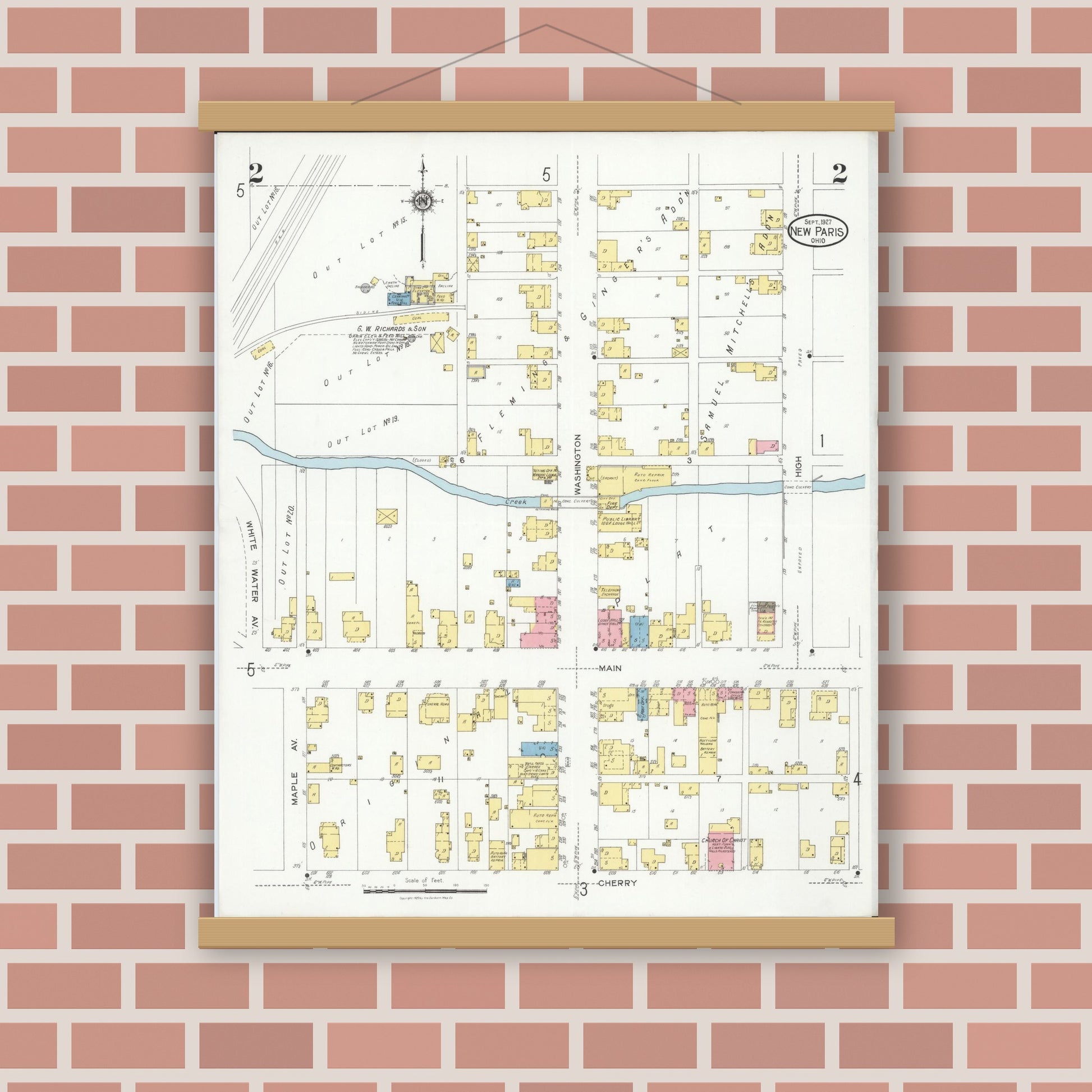 Old map wall art mockup — magnetic wood frame on brick wall — Sanborn Fire Insurance Map from New Paris, Preble County, Ohio (1927), Sheet #0002