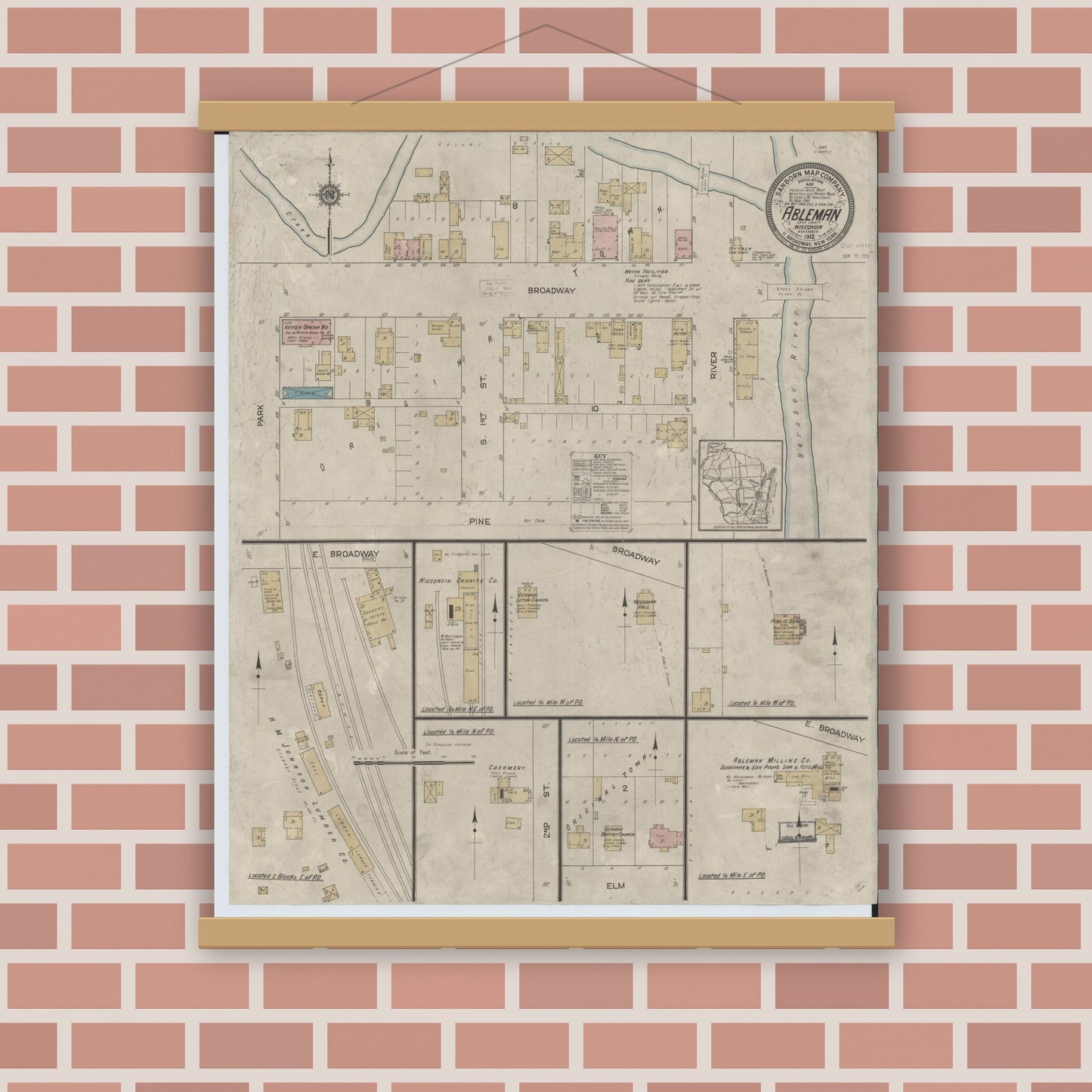 Old map wall art mockup — magnetic wood frame on brick wall — Sanborn Fire Insurance Map from Ableman, Sauk County, Wisconsin (1912), Sheet #0001