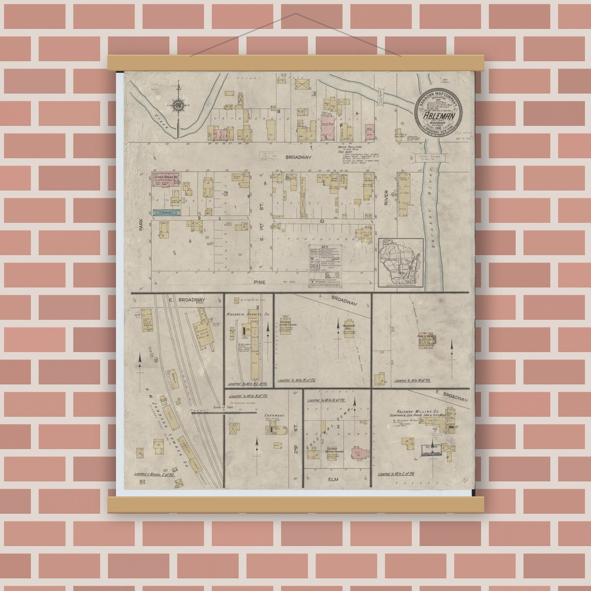 Old map wall art mockup — magnetic wood frame on brick wall — Sanborn Fire Insurance Map from Ableman, Sauk County, Wisconsin (1912), Sheet #0001