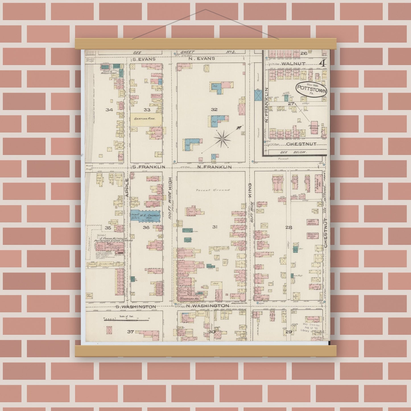 Old map wall art mockup — magnetic wood frame on brick wall — Sanborn Fire Insurance Map from Pottstown, Montgomery County, Pennsylvania (1885), Sheet #0004
