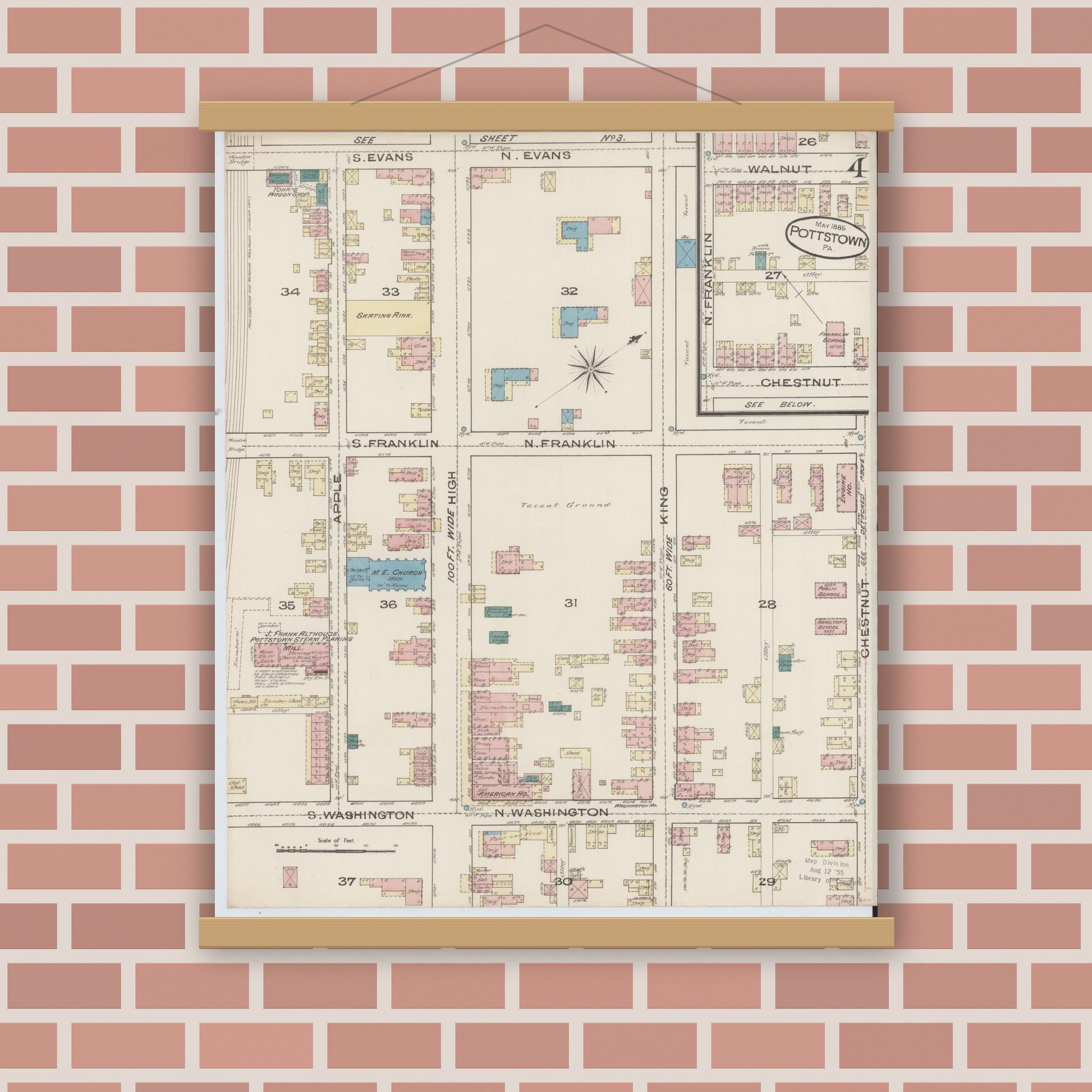 Old map wall art mockup — magnetic wood frame on brick wall — Sanborn Fire Insurance Map from Pottstown, Montgomery County, Pennsylvania (1885), Sheet #0004