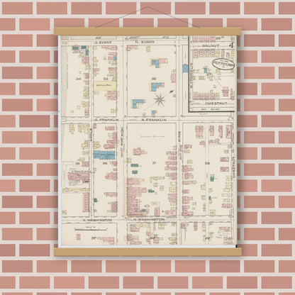 Old map wall art mockup — magnetic wood frame on brick wall — Sanborn Fire Insurance Map from Pottstown, Montgomery County, Pennsylvania (1885), Sheet #0004