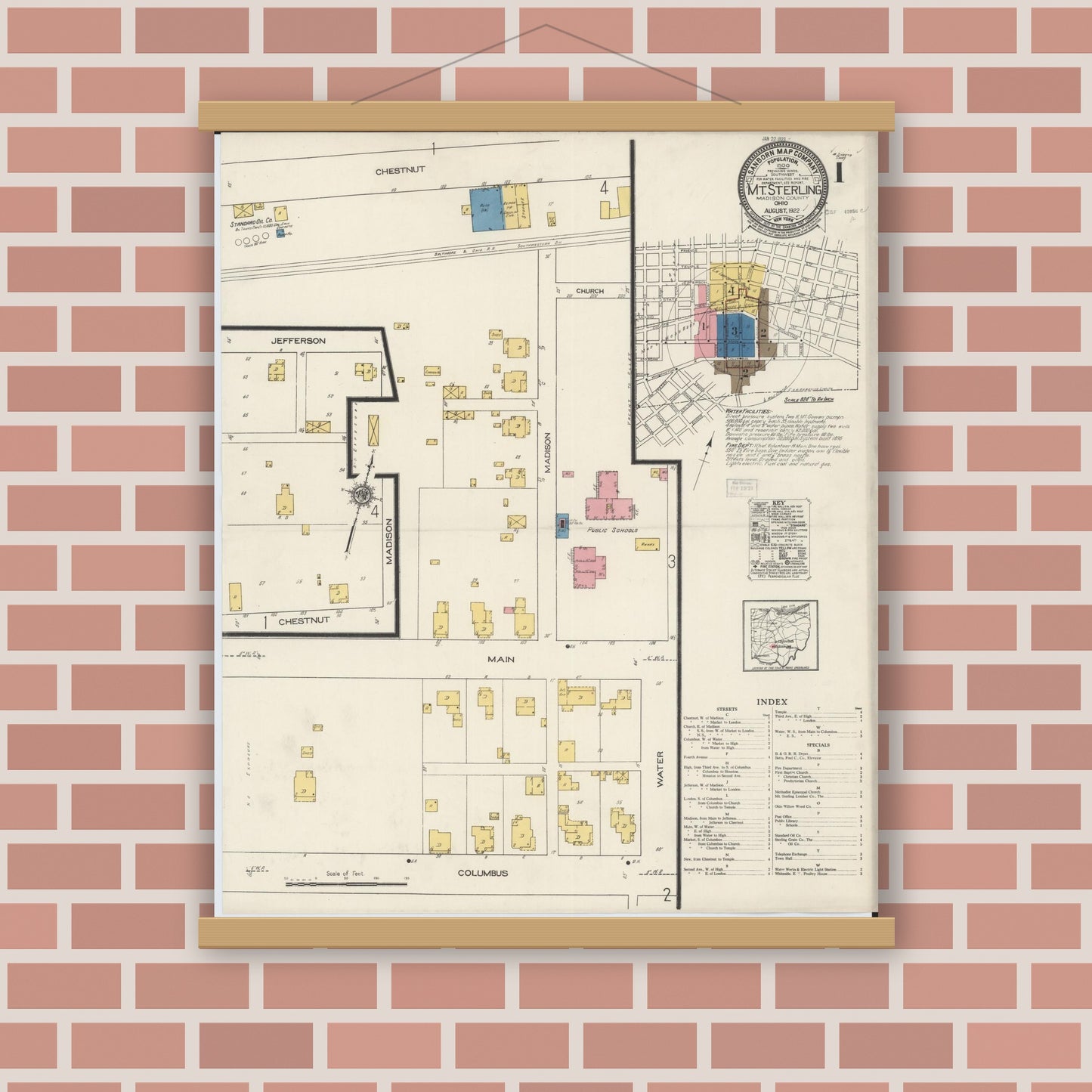 Old map wall art mockup — magnetic wood frame on brick wall — Sanborn Fire Insurance Map from Mount Sterling, Madison County, Ohio (1922), Sheet #0001