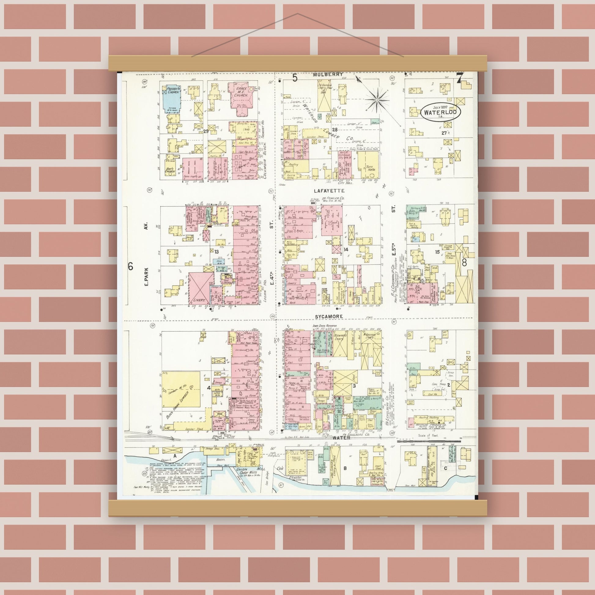 Old map wall art mockup — magnetic wood frame on brick wall — Sanborn Fire Insurance Map from Waterloo, Black Hawk County, Iowa (1897), Sheet #0007