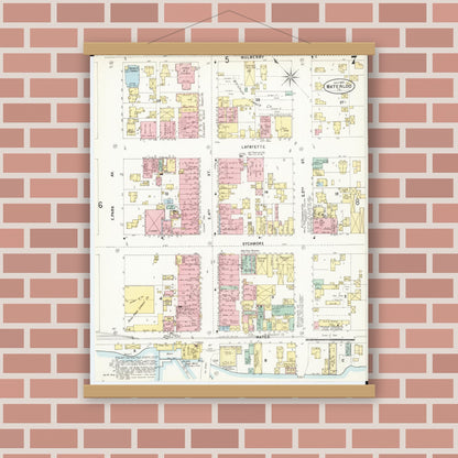 Old map wall art mockup — magnetic wood frame on brick wall — Sanborn Fire Insurance Map from Waterloo, Black Hawk County, Iowa (1897), Sheet #0007