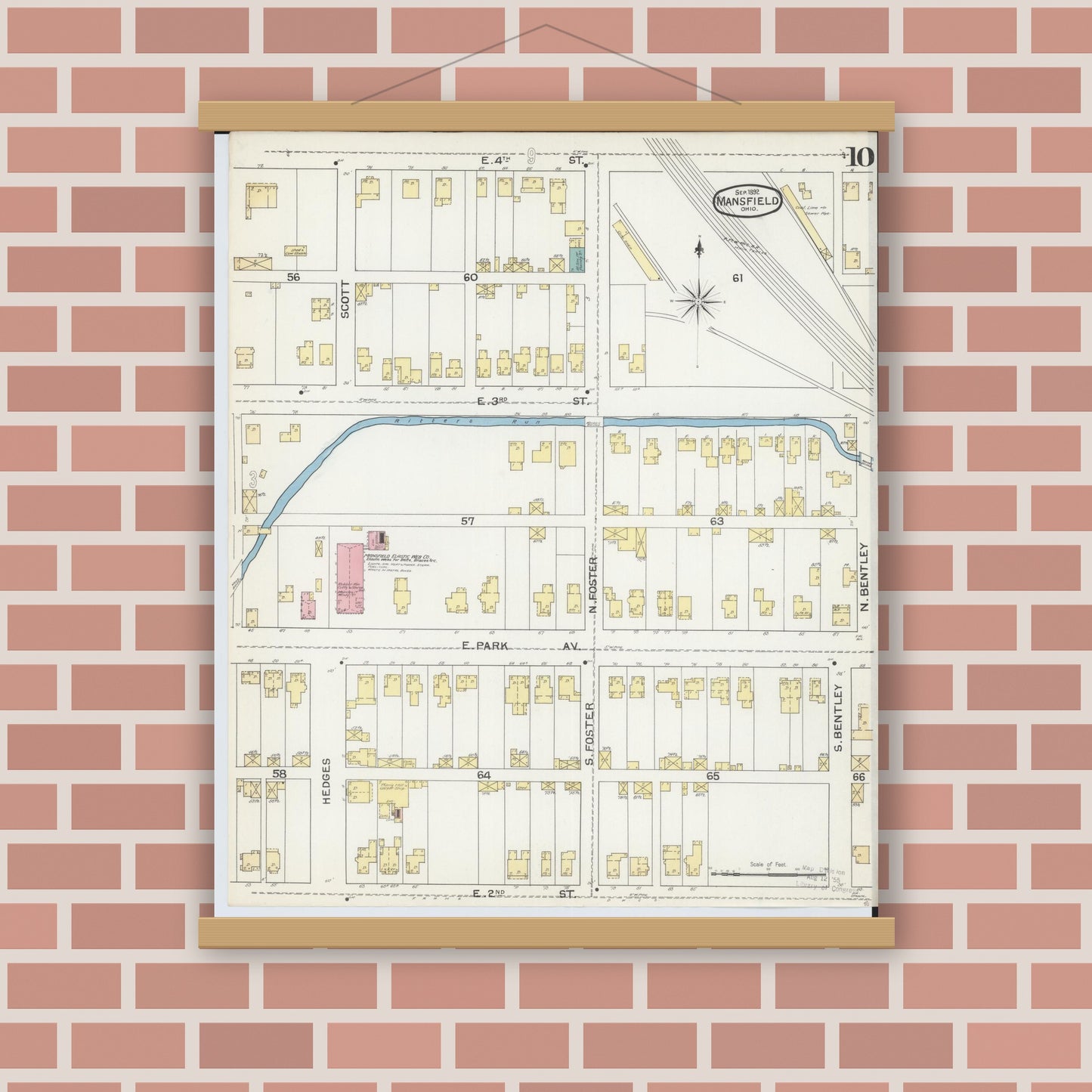 Old map wall art mockup — magnetic wood frame on brick wall — Sanborn Fire Insurance Map from Mansfield, Richland County, Ohio (1892), Sheet #0010