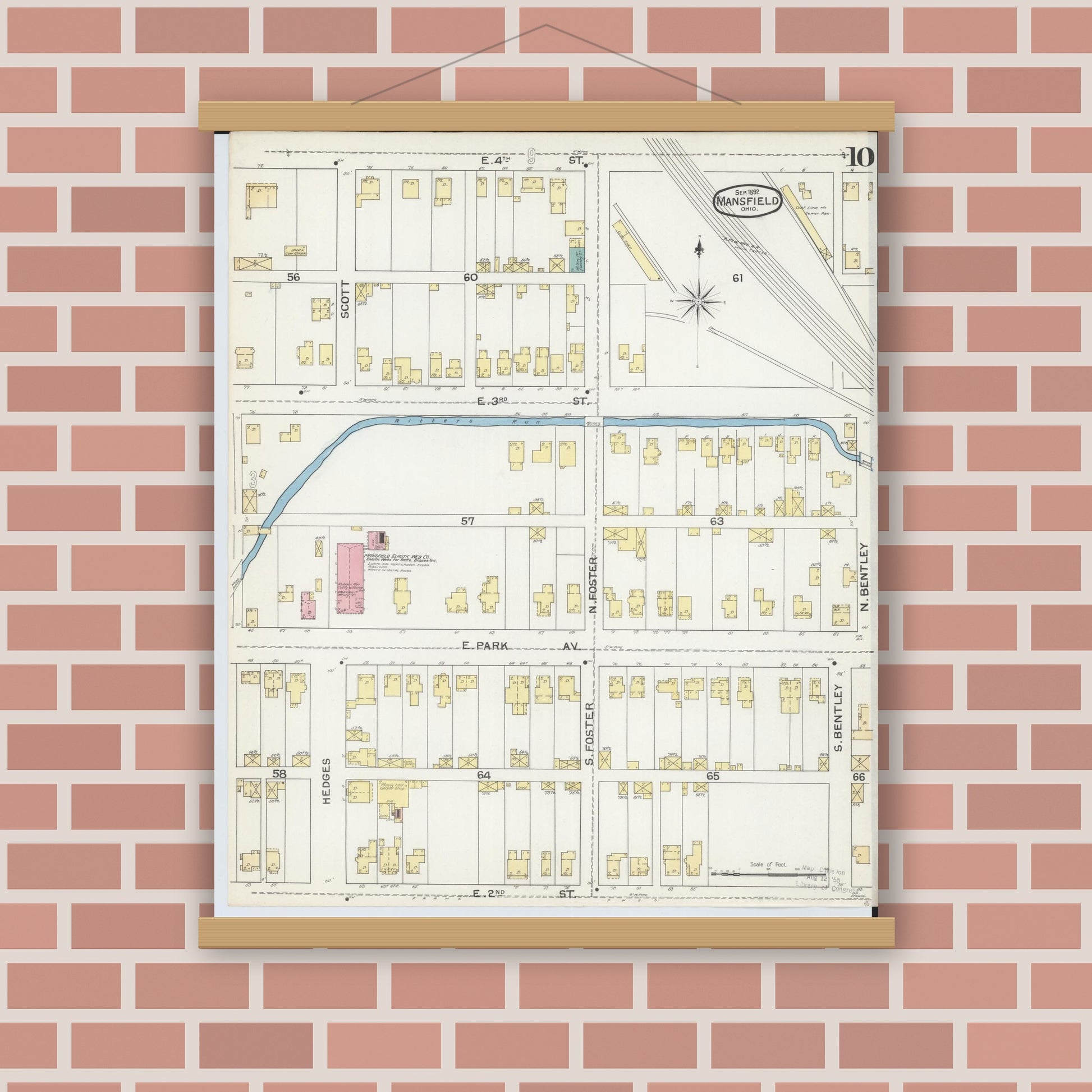 Old map wall art mockup — magnetic wood frame on brick wall — Sanborn Fire Insurance Map from Mansfield, Richland County, Ohio (1892), Sheet #0010