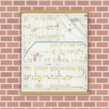 Old map wall art mockup — magnetic wood frame on brick wall — Sanborn Fire Insurance Map from Mansfield, Richland County, Ohio (1892), Sheet #0010