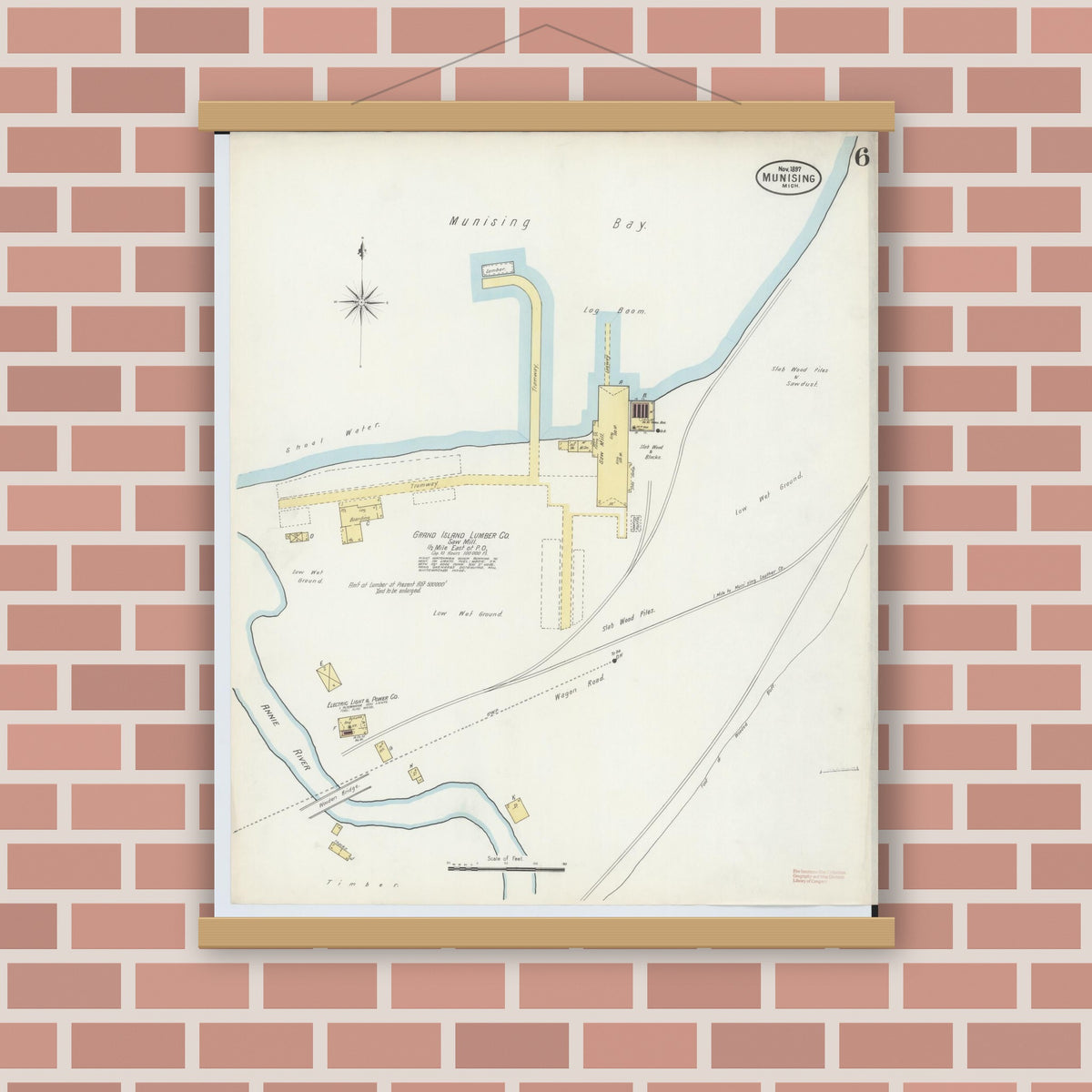 Old map wall art mockup — magnetic wood frame on brick wall — Sanborn Fire Insurance Map from Munising, Alger County, Michigan (1897), Sheet #0006