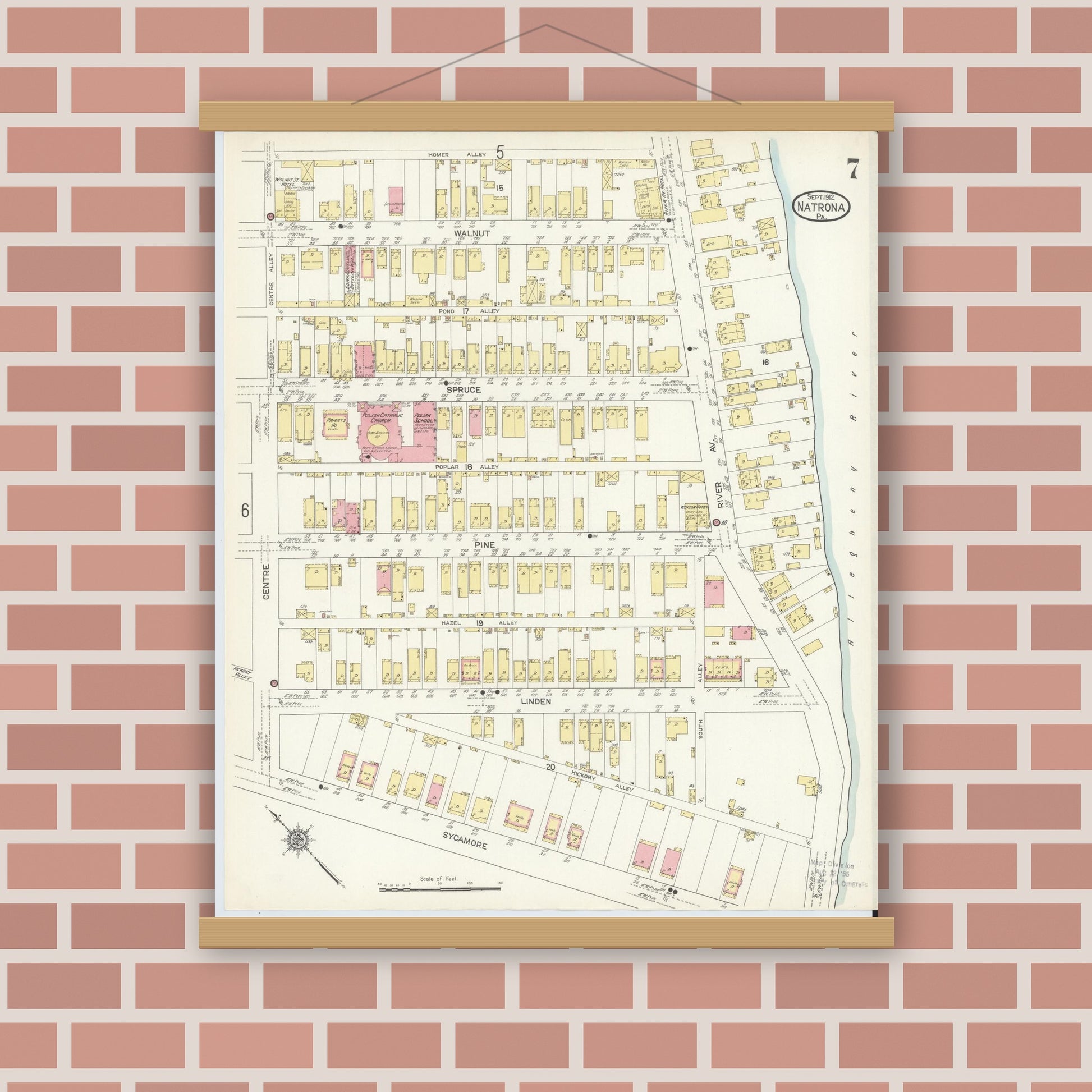 Old map wall art mockup — magnetic wood frame on brick wall — Sanborn Fire Insurance Map from Natrona, Allegheny County, Pennsylvania (1912), Sheet #0007
