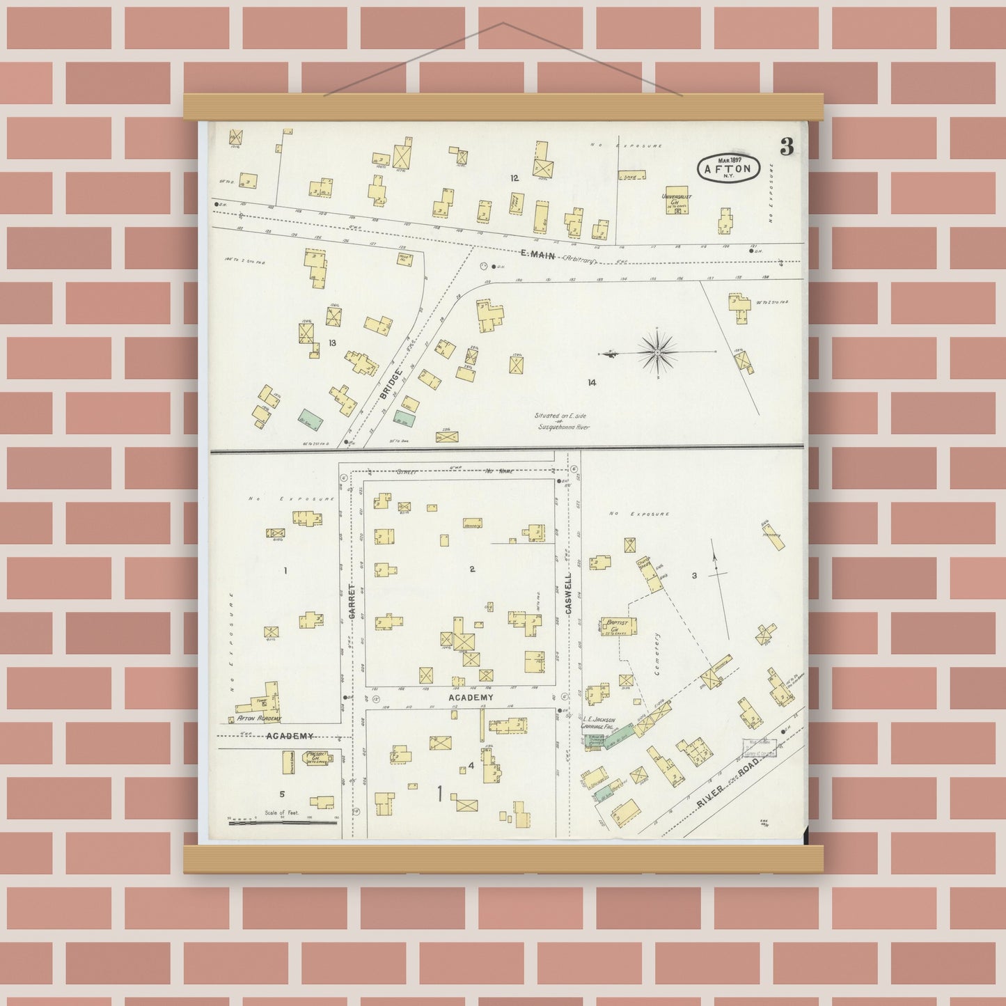 Old map wall art mockup — magnetic wood frame on brick wall — Sanborn Fire Insurance Map from Afton, Chenango County, New York (1897), Sheet #0003