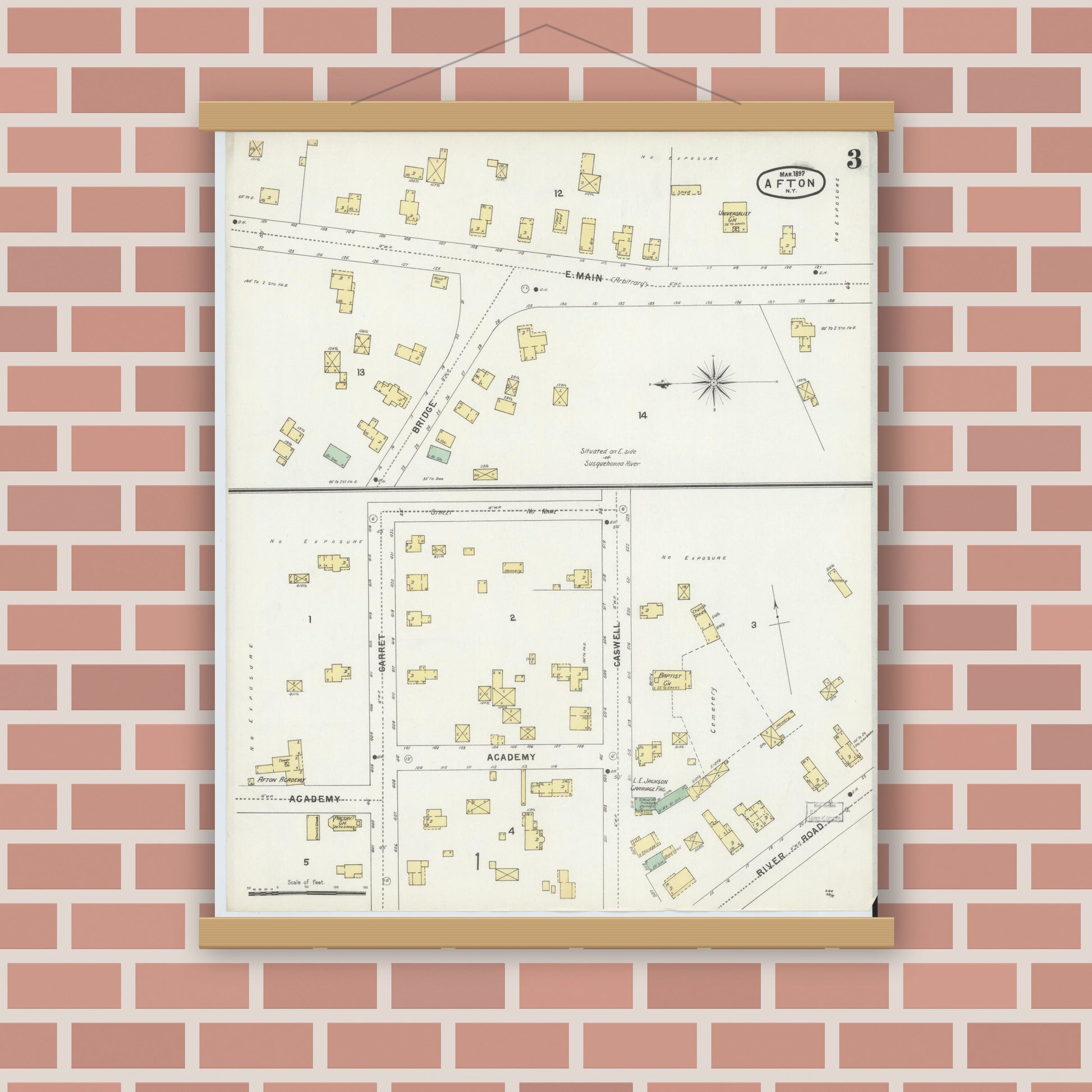 Old map wall art mockup — magnetic wood frame on brick wall — Sanborn Fire Insurance Map from Afton, Chenango County, New York (1897), Sheet #0003