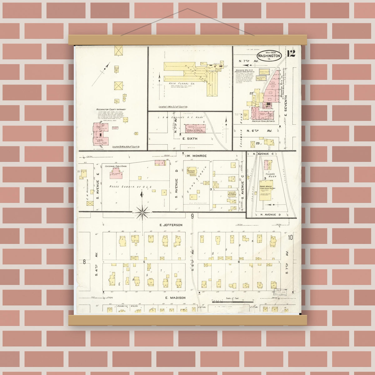 Old map wall art mockup — magnetic wood frame on brick wall — Sanborn Fire Insurance Map from Washington, Washington County, Iowa (1909), Sheet #0012