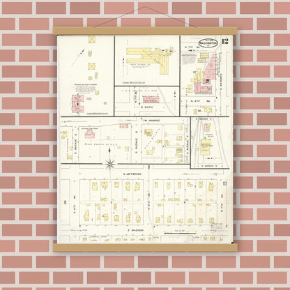 Old map wall art mockup — magnetic wood frame on brick wall — Sanborn Fire Insurance Map from Washington, Washington County, Iowa (1909), Sheet #0012