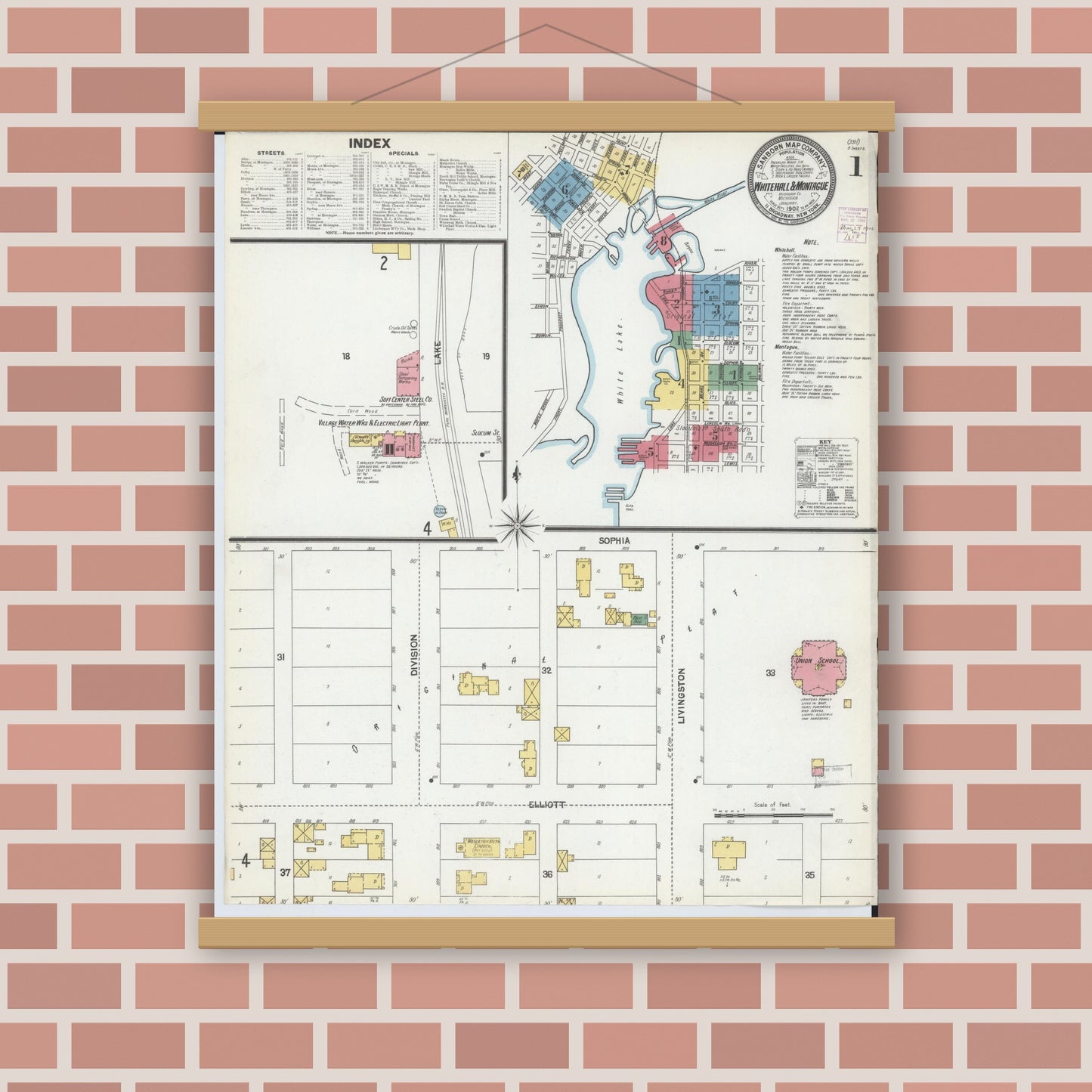 Old map wall art mockup — magnetic wood frame on brick wall — Sanborn Fire Insurance Map from Whitehall, Muskegon County, Michigan (1902) - Complete Map Set