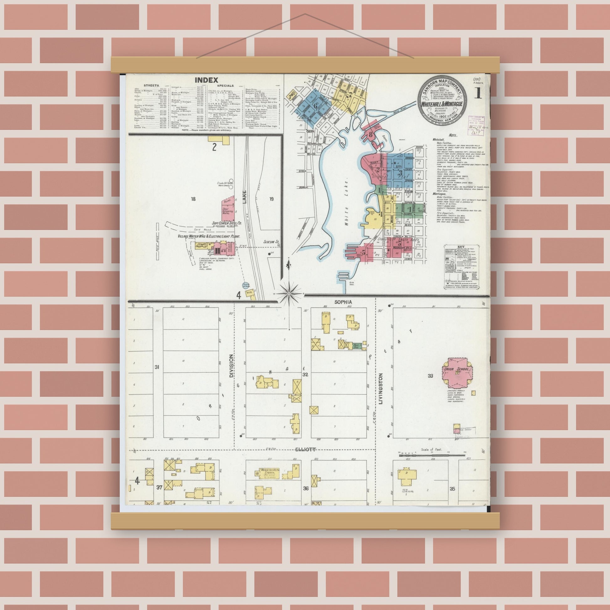 Old map wall art mockup — magnetic wood frame on brick wall — Sanborn Fire Insurance Map from Whitehall, Muskegon County, Michigan (1902) - Complete Map Set
