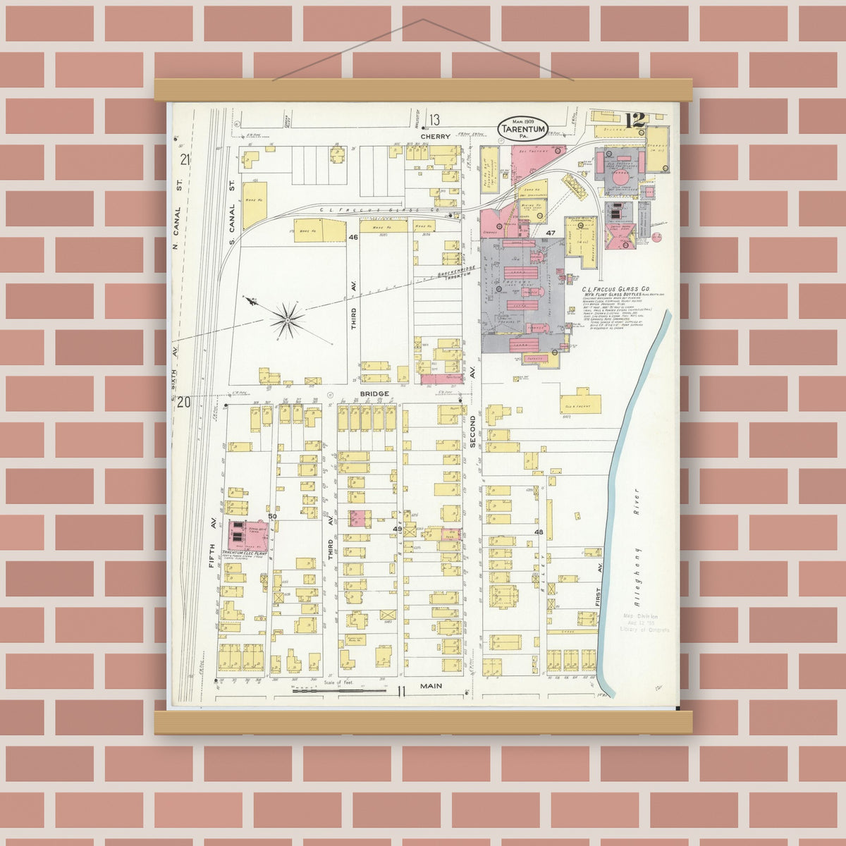 Old map wall art mockup — magnetic wood frame on brick wall — Sanborn Fire Insurance Map from Tarentum, Allegheny County, Pennsylvania (1909), Sheet #0012