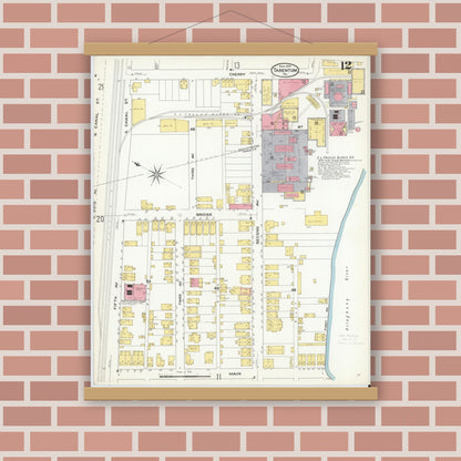 Old map wall art mockup — magnetic wood frame on brick wall — Sanborn Fire Insurance Map from Tarentum, Allegheny County, Pennsylvania (1909), Sheet #0012