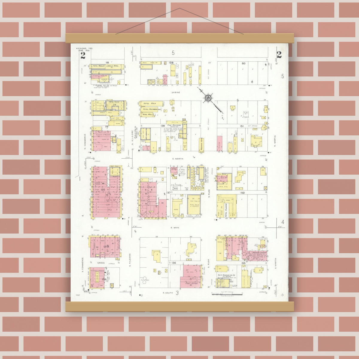 Old map wall art mockup — magnetic wood frame on brick wall — Sanborn Fire Insurance Map from Kilgore, Gregg County, Texas (1932), Sheet #0002