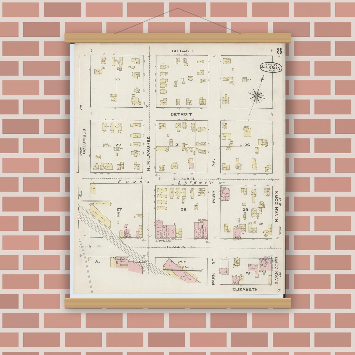 Old map wall art mockup — magnetic wood frame on brick wall — Sanborn Fire Insurance Map from Jackson, Jackson County, Michigan (1886), Sheet #0008