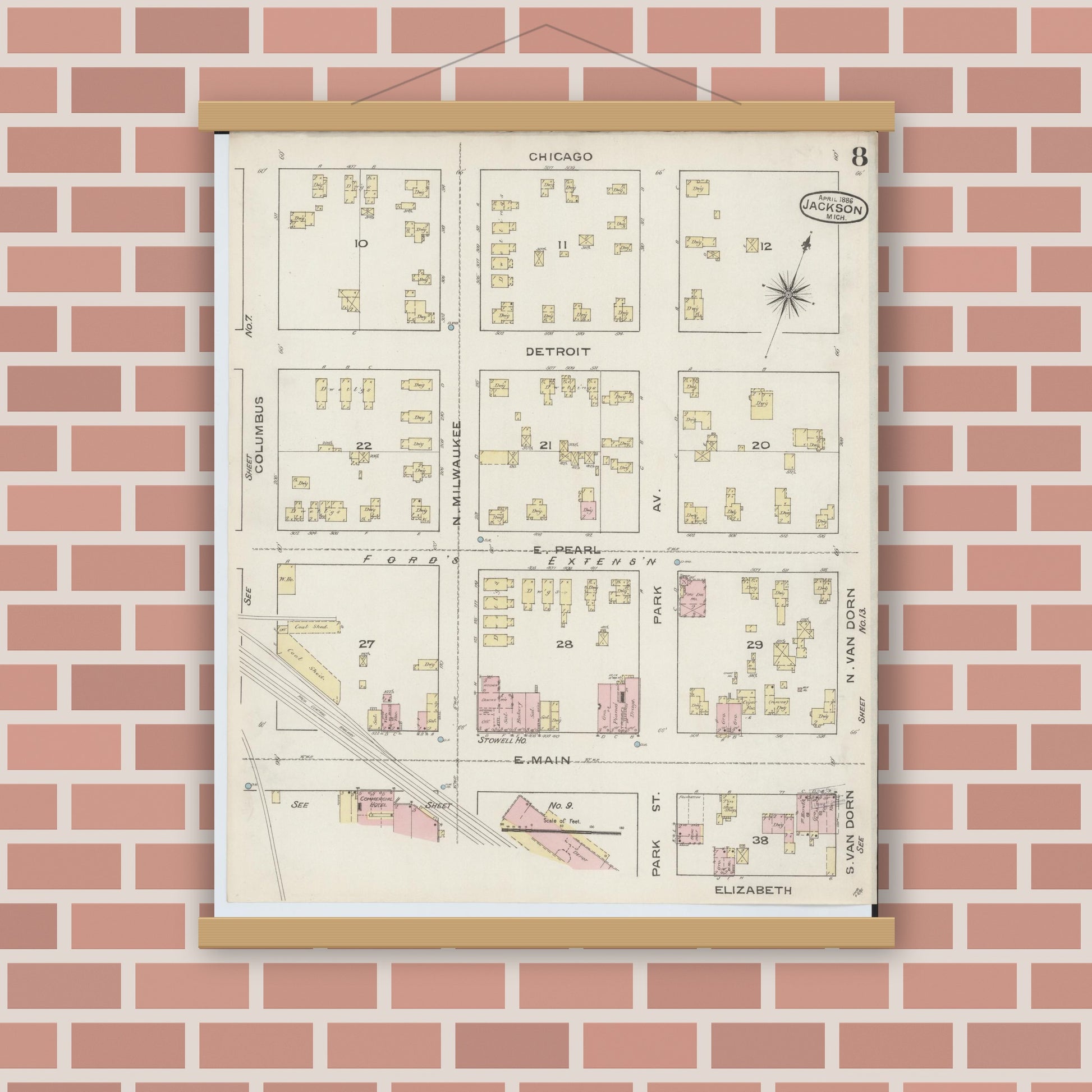 Old map wall art mockup — magnetic wood frame on brick wall — Sanborn Fire Insurance Map from Jackson, Jackson County, Michigan (1886), Sheet #0008