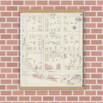 Old map wall art mockup — magnetic wood frame on brick wall — Sanborn Fire Insurance Map from Jackson, Jackson County, Michigan (1886), Sheet #0008