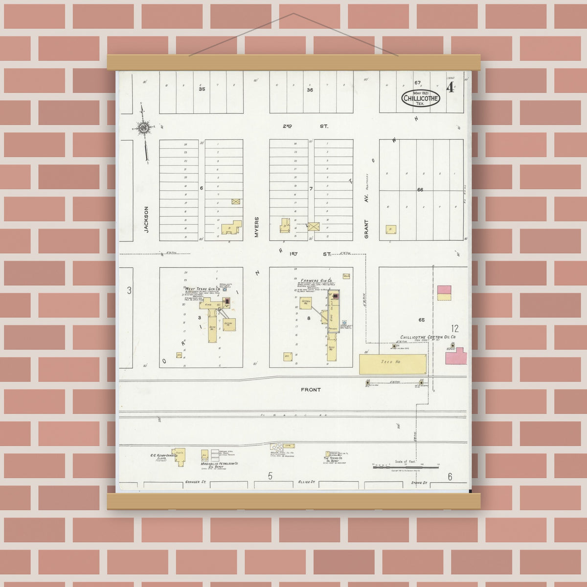 Old map wall art mockup — magnetic wood frame on brick wall — Sanborn Fire Insurance Map from Chillicothe, Hardeman County, Texas (1921), Sheet #0004