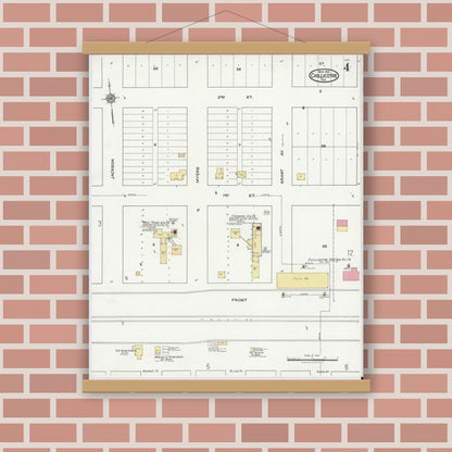 Old map wall art mockup — magnetic wood frame on brick wall — Sanborn Fire Insurance Map from Chillicothe, Hardeman County, Texas (1921), Sheet #0004