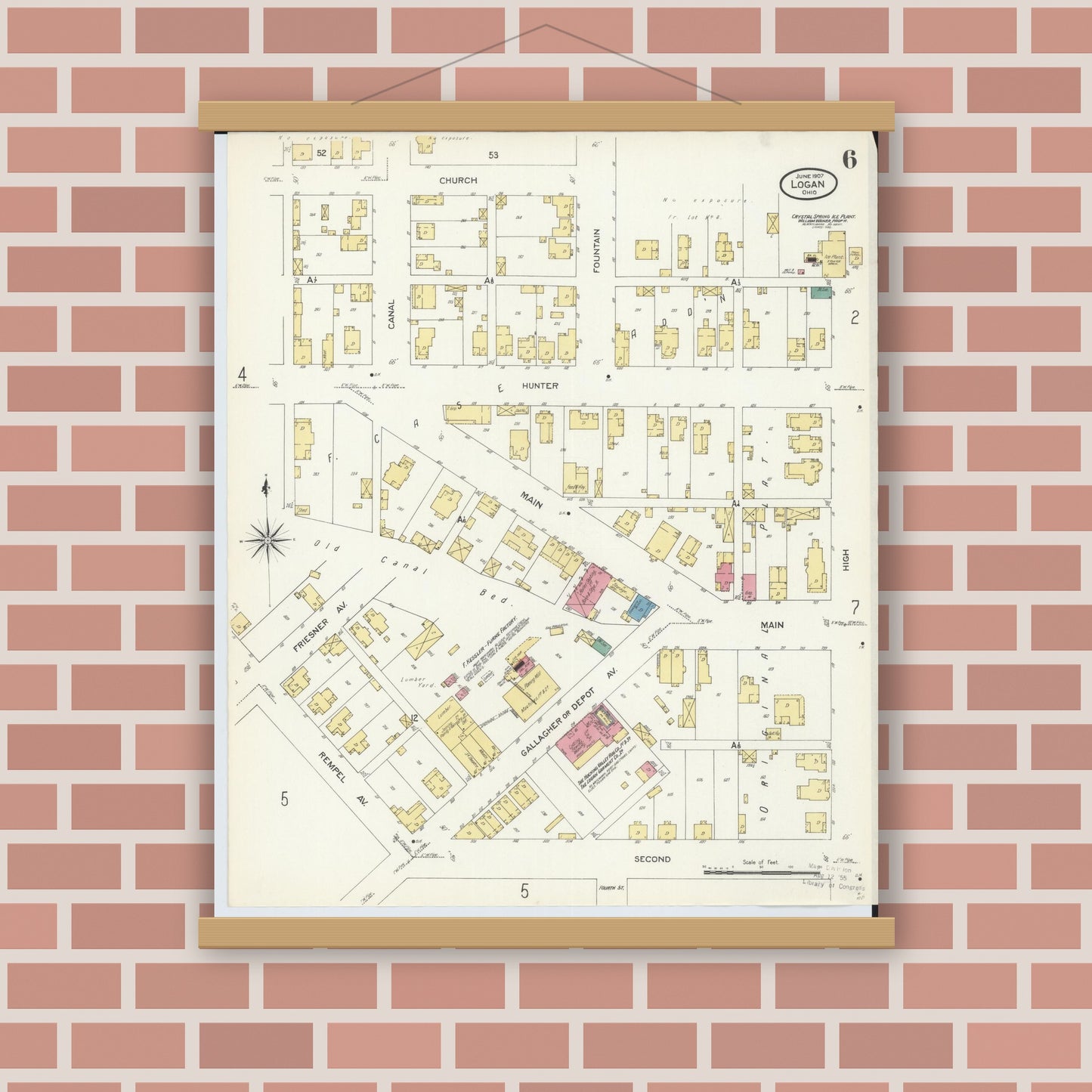 Old map wall art mockup — magnetic wood frame on brick wall — Sanborn Fire Insurance Map from Logan, Hocking County, Ohio (1907), Sheet #0006