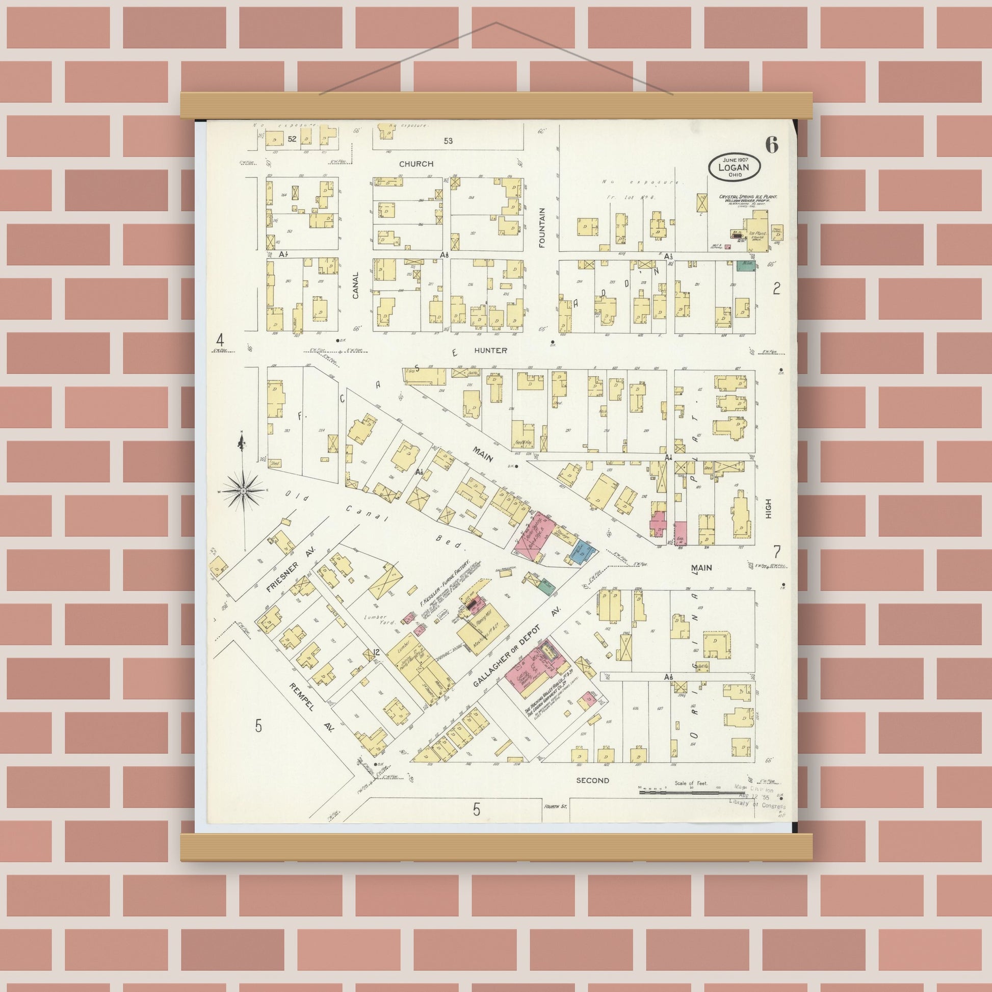 Old map wall art mockup — magnetic wood frame on brick wall — Sanborn Fire Insurance Map from Logan, Hocking County, Ohio (1907), Sheet #0006