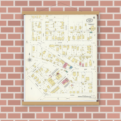 Old map wall art mockup — magnetic wood frame on brick wall — Sanborn Fire Insurance Map from Logan, Hocking County, Ohio (1907), Sheet #0006