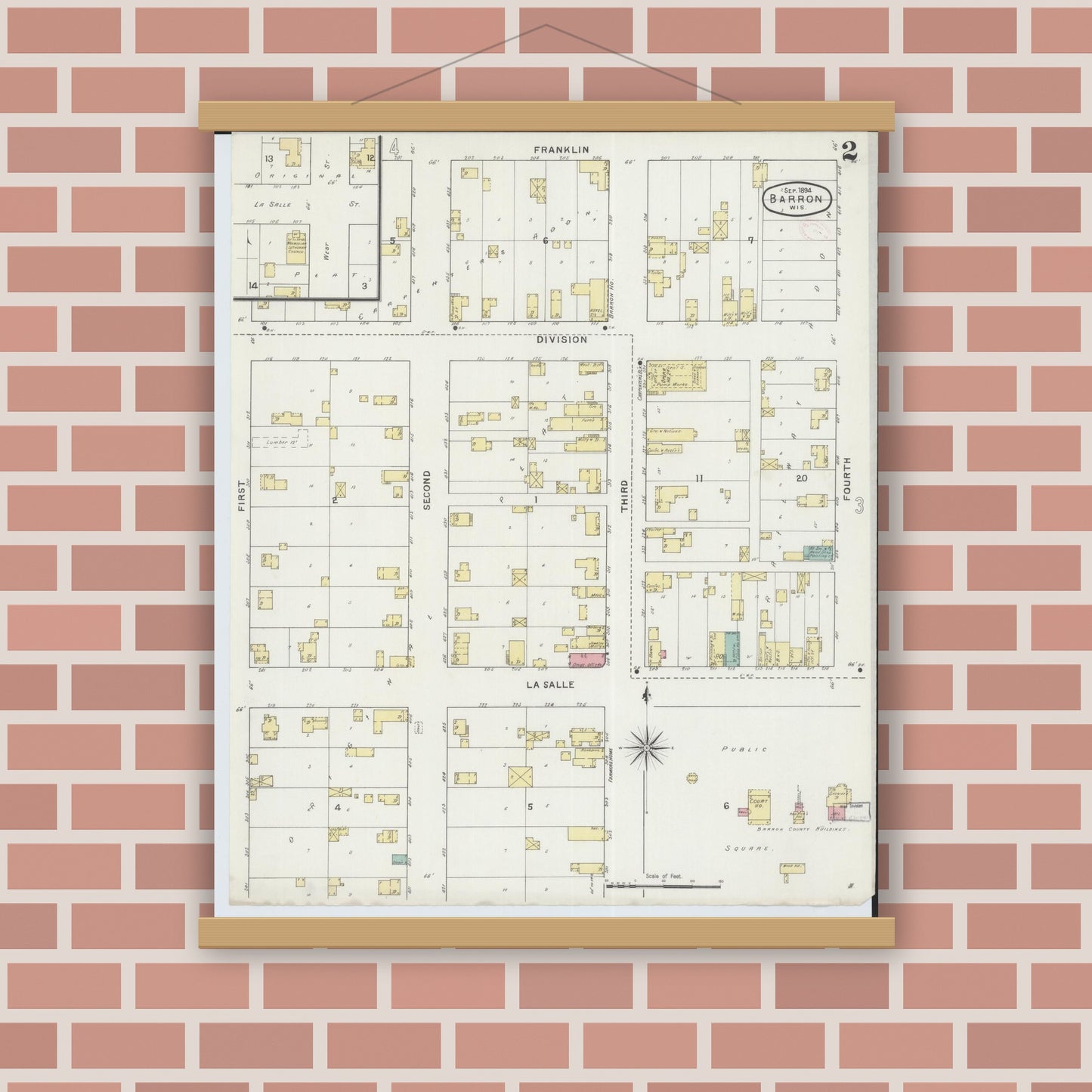 Old map wall art mockup — magnetic wood frame on brick wall — Sanborn Fire Insurance Map from Barron, Barron County, Wisconsin (1894), Sheet #0002
