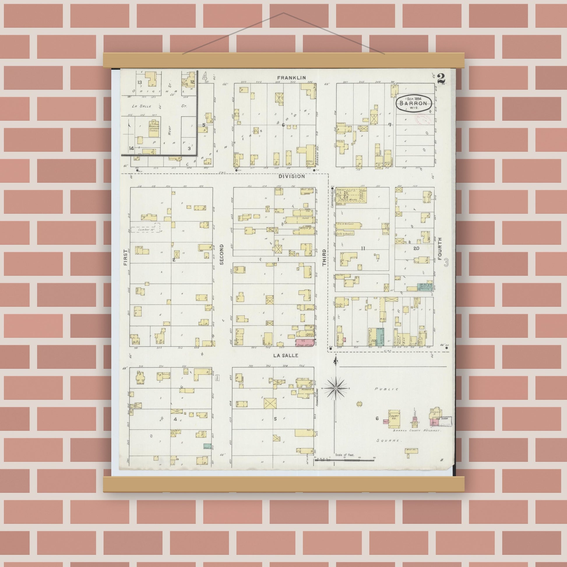 Old map wall art mockup — magnetic wood frame on brick wall — Sanborn Fire Insurance Map from Barron, Barron County, Wisconsin (1894), Sheet #0002