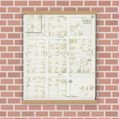 Old map wall art mockup — magnetic wood frame on brick wall — Sanborn Fire Insurance Map from Barron, Barron County, Wisconsin (1894), Sheet #0002