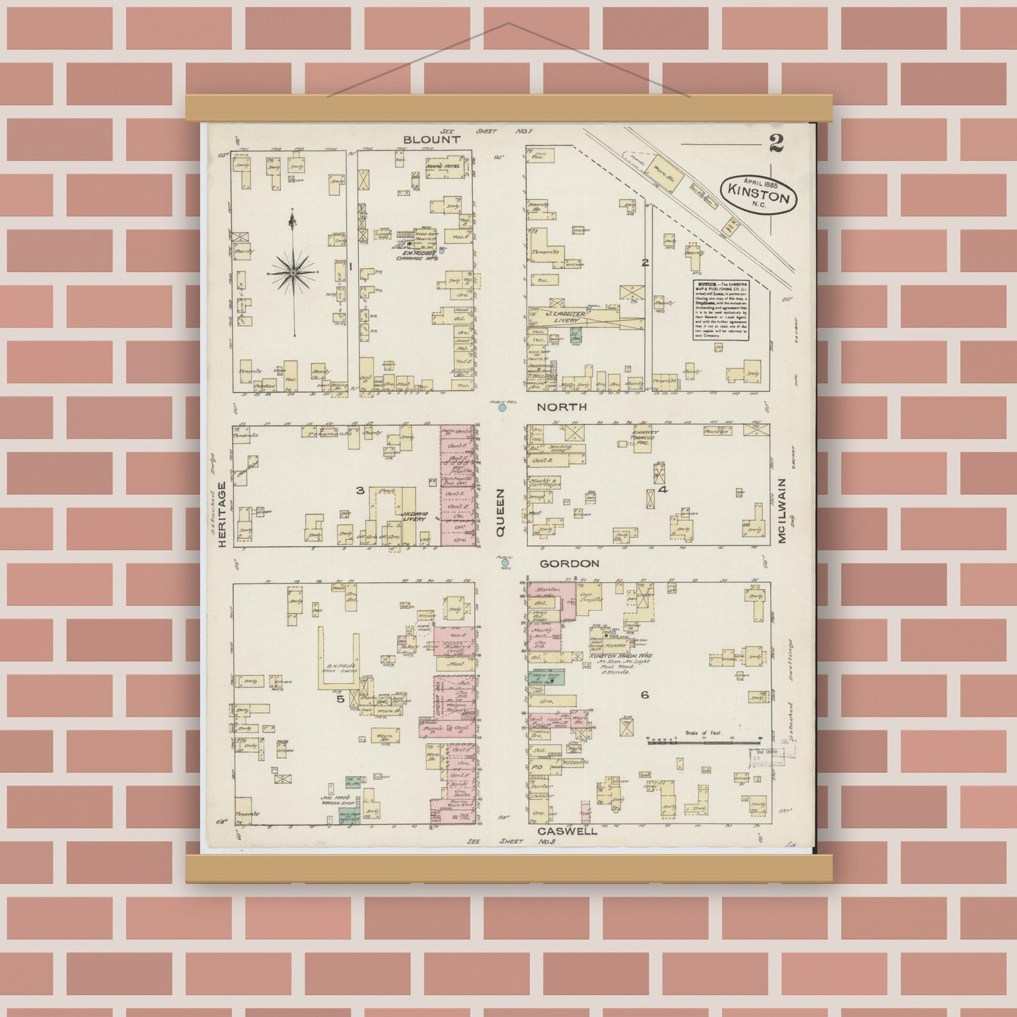 Old map wall art mockup — magnetic wood frame on brick wall — Sanborn Fire Insurance Map from Kinston, Lenoir County, North Carolina (1885), Sheet #0002