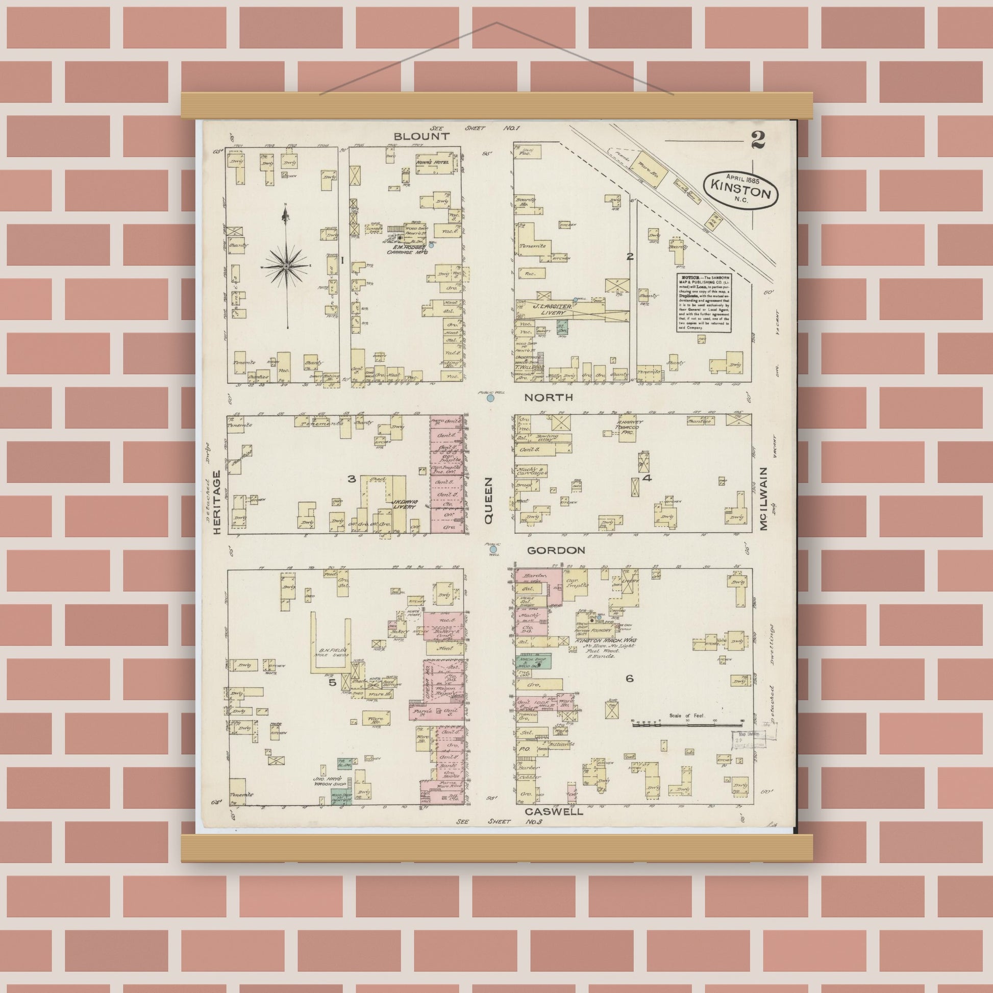 Old map wall art mockup — magnetic wood frame on brick wall — Sanborn Fire Insurance Map from Kinston, Lenoir County, North Carolina (1885), Sheet #0002