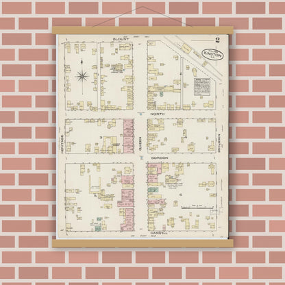 Old map wall art mockup — magnetic wood frame on brick wall — Sanborn Fire Insurance Map from Kinston, Lenoir County, North Carolina (1885), Sheet #0002